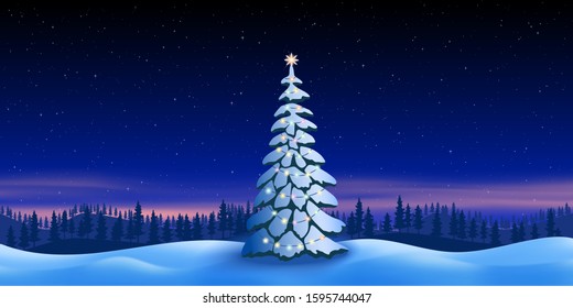 Night, northern landscape. Starry sky, dawn. Snowdrifts, Christmas tree, vector illustration, EPS10
