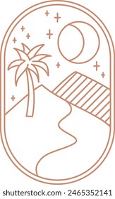 Logotipo boho de oasis nocturno. arena, luna, palma, estrellas paisaje estético icono de línea marrón.