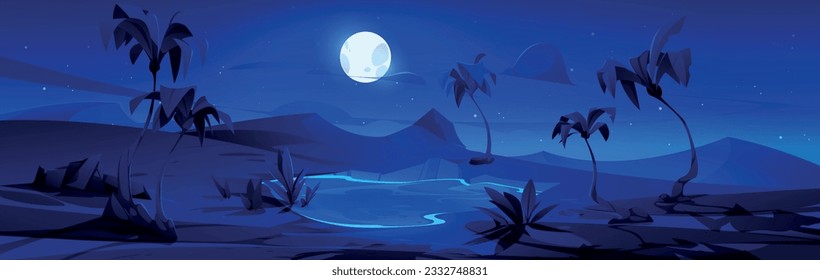 Oasis nocturno en el paisaje vectorial del desierto sahara. Palm tree, lake y sequía imagen de espejismo tropical de montaña para la escena de savannah. Naturaleza egipcia o dubai de la duna de calor para el fondo gráfico de juego