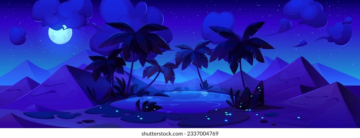 Oasis nocturno en el desierto de arena con el paisaje vectorial de palmeras. El egipto oscuro resplandece el agua del lago y la ilustración de las dunas. Cartel de espejismo ilustrado con luciérnagas y luna llena. Nube de fondo de pantalla azul en el cielo de dubai