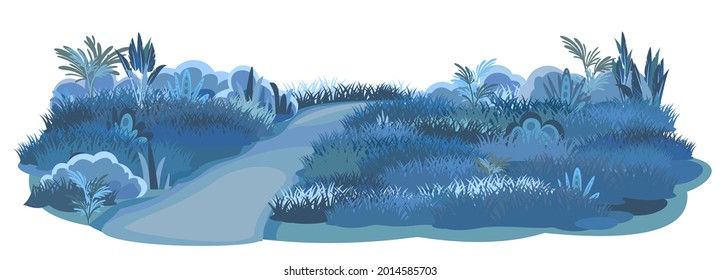 Night Obliquely Road Through The Meadow. Dark Herbal Glade. Grass Close Up. Rural Landscape. Trail. Cartoon Style. Flat Design. Illustration Isolated. Vector Art