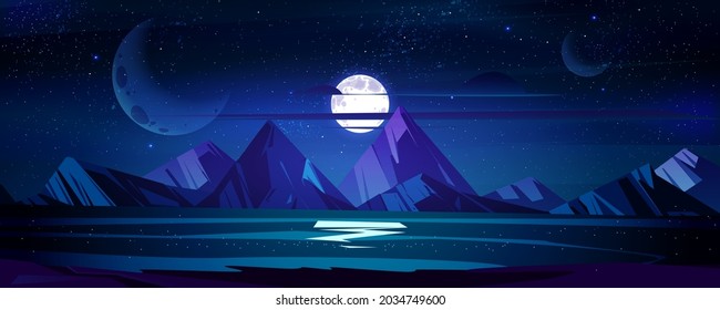 Night ocean landscape, full moon and stars shine in sky above water surface reflecting starlight. Dark heaven with moonlight romantic fantasy midnight twilight background Cartoon vector panoramic view