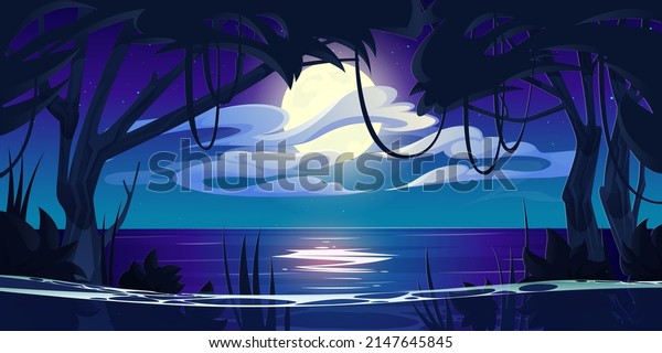 Night ocean landscape, full moon and stars
shine in sky above water surface reflecting starlight and jungle
trees with lianas. Tropical ocean seascape, dark heaven twilight,
Cartoon vector
background