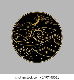 Night ocean with luminous plankton. Vector hand drawn illustration in oriental style