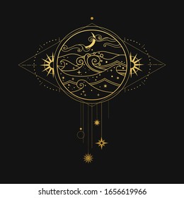Night ocean with luminous plankton. Vector hand drawn illustration in boho style