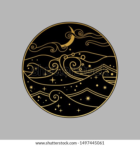 Night ocean with luminous plankton. Vector hand drawn illustration in oriental style