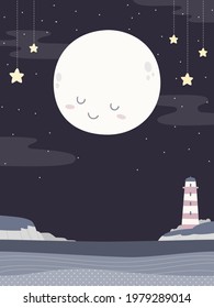 Night ocean scene illustration with cute moon, hanging stars, and lighthouse. Cartoon style childish illustration of sleeping moon and night ocean.
