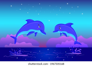 Night ocean. Two dolphins in love. Sea sunrise, sunset. Vector illustration