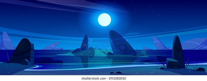 Night ocean under starry sky with shining full moon above sea with rocks sticking up of water. Rocky shore with sand, beautiful nature landscape background, scenery view. Cartoon vector illustration