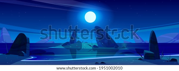 Night ocean under starry sky with shining\
full moon above sea with rocks sticking up of water. Rocky shore\
with sand, beautiful nature landscape background, scenery view.\
Cartoon vector\
illustration