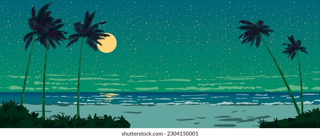 Night ocean view on the seashore, Moon, beach, palms, starry sky, horizon