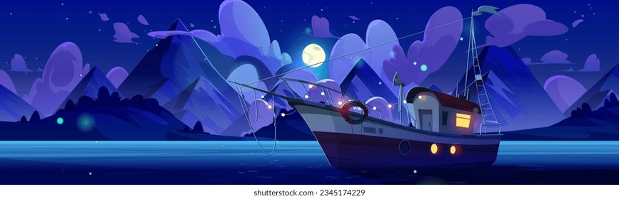 Night ocean water and ship cartoon background illustration. Fisherman boat in sea landscape with nature mountain view. Moonlight and cloud in sky. Bulb garland light on float vessel nautical design