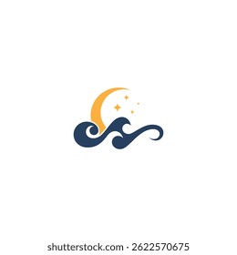 Night ocean wave logo with crescent and stars