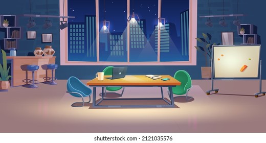 Night office, coworking space interior, business center with computer on desk, armchairs, coffee break zone and glowing lamps. Area for teamwork, freelance shared workplace Cartoon vector illustration