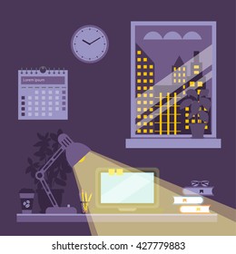 Night office desk concept with office elements. Desk lamp light in night office concept in cartoon flat style. Vector illustration of night office workplace background