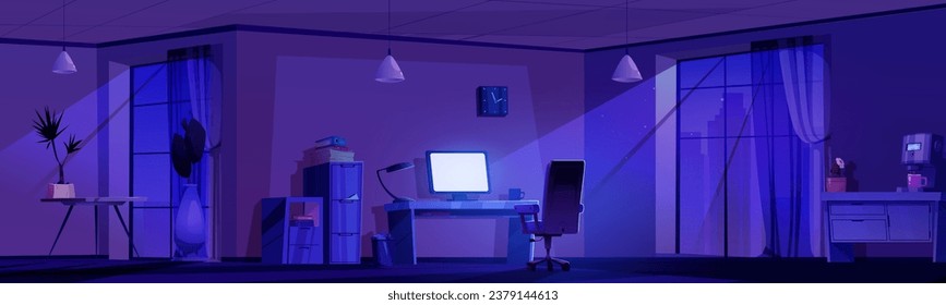 Night office interior with cityscape view in window. Vector cartoon illustration of dark large room with computer display on desk, armchair, drawers with documents, coffee machine, modern workspace