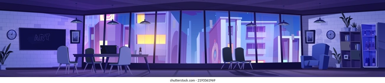 Night office interior, coworking area, art studio workplace with laptop on desk , chairs, board, wide windows. Comfortable place, boardroom for business people cooperation, Cartoon vector