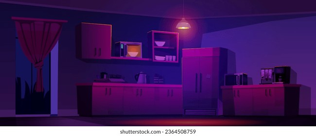 Fondo vectorial de la cocina de la oficina nocturna. Almorzar en la sala de trabajo con microondas, hervidor de agua, nevera y vajilla. Bombilla de brillo en la moderna y oscura cantina corporativa para comer tentempiés o almorzar