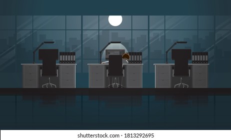 Night of office man sleeping on chair in his desk at office workplace. Alone in the dark and full moon light. Lonely people in city. Lifestyle of work hard overtime and overwork. idea concept scene.