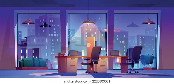 Night office, open space workplace interior with city view in wide floor-to-ceiling windows, glowing lamp over the tables, laptops, chairs and task board. Coworking area Cartoon vector illustration