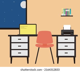 oficina nocturna, computadora en el escritorio, diseño plano, ilustración vectorial