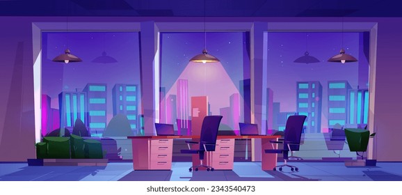 Interior de habitación de oficina nocturna con fondo de dibujos animados en el lugar de trabajo. Mobiliario de espacio de trabajo vacío y rayos de luz por la noche. Paisaje urbano neón, rascacielos y cielo estrellado concepto desde la ventana de la construcción.