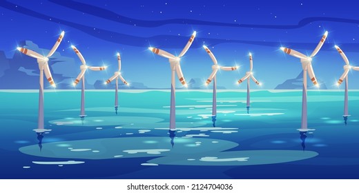 Night offshore farm with windmills in water, alternative wind energy generation turbines with glowing vanes under starry sky in ocean, renewable green sustainable power, Cartoon vector illustration