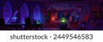 Night old magic school room. Cartoon wizard game background with classroom interior for halloween fairy tale. Medieval alchemist study desk in castle with wooden bookcase and magician book scene