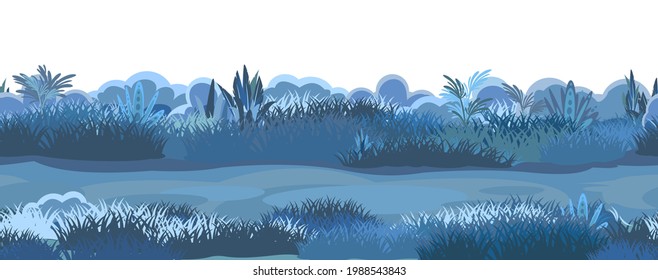 Night old road through the meadow. Dark herbal glade. Grass close up. Rural landscape. Trail. Cartoon style. Flat design. Seamless illustration isolated. Vector art