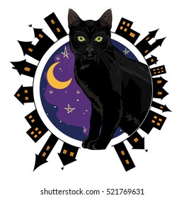 Night old town and black green-eyed cat sitting on a background of the starry  sky, isolated on white, vector illustration
