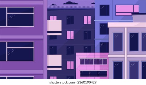 Night in old town chill lo fi background. Residential buildings 2D vector cartoon cityscape illustration, purple lofi wallpaper desktop. Sunset aesthetic 90s retro art, dreamy vibes