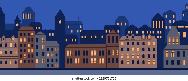 NachtAltstadt, Straßenpanorama. Häuser, Gebäude mit Lichtern in Fenstern am Abend Stadt, Panoramablick. Städtische Landschaft in der Abenddämmerung, gemütliches Stadtbild in Europa, Szene in der Nacht. Flache Vektorgrafik