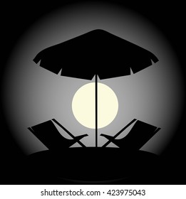 Night on the beach, flat design, benches and umbrella 