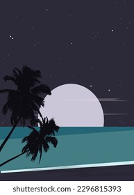 Night on the beach summer poster, ocean landscape, vacation vibes, full moon
