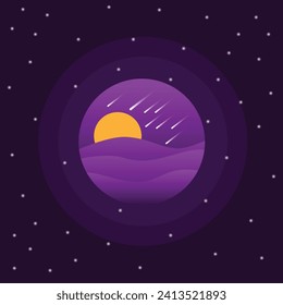 Night on Fairy Tale Planet with Desert and Setting Sun. Space exploration and cosmic objects vector