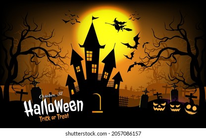 Night on the fall with moon and dark forest. Haunted house and full moon. Halloween night concept, with witch fly bats. Vector illustration.
