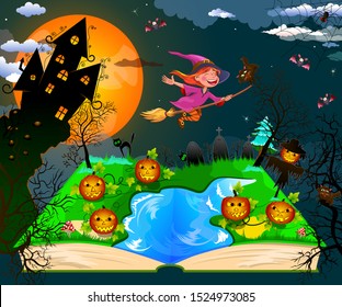 Night on Halloween. Joyful little witch flying on a broomstick in the night sky, against the backdrop of a castle, a pumpkin and trees, surrounded by bats. Witch and cat flying on a broom.