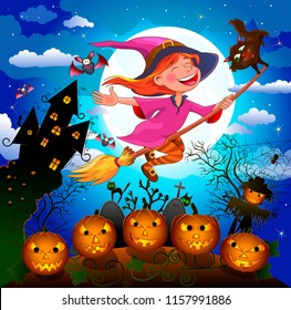Night on Halloween. A little witch flies on a broom. 