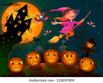 Night on Halloween. A little witch flies on a broom.  Joyful little witch flying on a broomstick in the night sky, against the backdrop of a castle, a pumpkin and trees, surrounded by bats. 