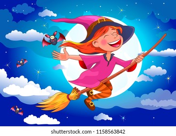 Night on Halloween. A little witch flying on a broomstick. A joyous little witch flies on a broomstick in the night sky, against the background of the moon and clouds, surrounded by bats.            