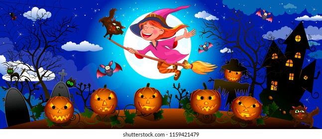 Night on Halloween. A little witch flies on a broom.  Joyful little witch flying on a broomstick in the night sky, against the backdrop of a castle, a pumpkin and trees, surrounded by bats.