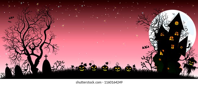 Night on Halloween. Pumpkins, castle, silhouettes of trees, grass, scarecrow, cemetery in the background of the moon and the starry sky. The dark pink starry sky and the bright white moon.           