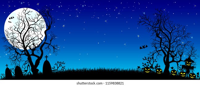 Night on Halloween. Pumpkins, silhouettes of trees, grass , scarecrow, cemetery in the background of the moon and the starry sky. The dark blue starry sky and the bright white moon.               