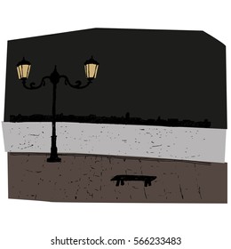 Night on the river with a lamp post