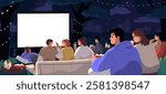 Night of open air movie. People watch films outdoors in summer evening. Happy group of friends, couples watching cinema with popcorn on projection screen in park, in nature. Flat vector illustration