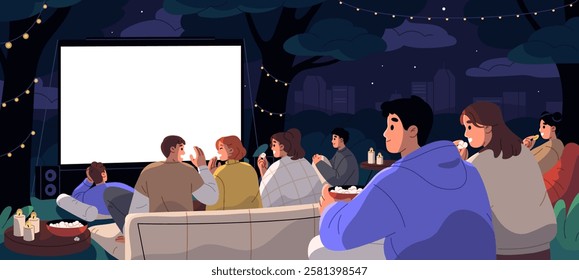 Night of open air movie. People watch films outdoors in summer evening. Happy group of friends, couples watching cinema with popcorn on projection screen in park, in nature. Flat vector illustration