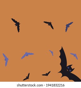 Night Orange Sky Violet Halloween Modern Design. Attack Retro Print Eyes Flying Bats Art Pattern. Purple Colorful Chaos Black Creepy Bats Vector Design Pic. Motion Spooky Scary Gothic Simple Art.