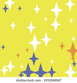 Night Orange White Four-pointed Mystery Illustration. Winter Blue Magic Color Yellow Ornament. Retro Christmas Chaotic Santa Print New Year Composition. Indigo Holiday Stars Sky Dark Wallpaper.