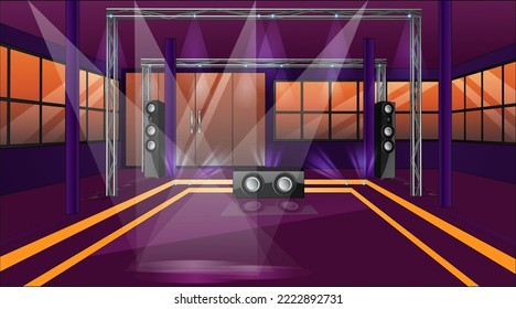 Night Out Club Background Scene With Dancefloor, Spotlights And Speakers. Vector Illustration