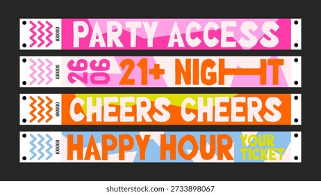 Night out ticket bracelets for bars, cocktail parties, club events, happy hour gatherings and access management. Vector cartoon layout of a party wristband in a modern playful doodle style